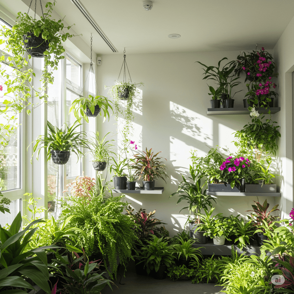 A lush, bright indoor garden